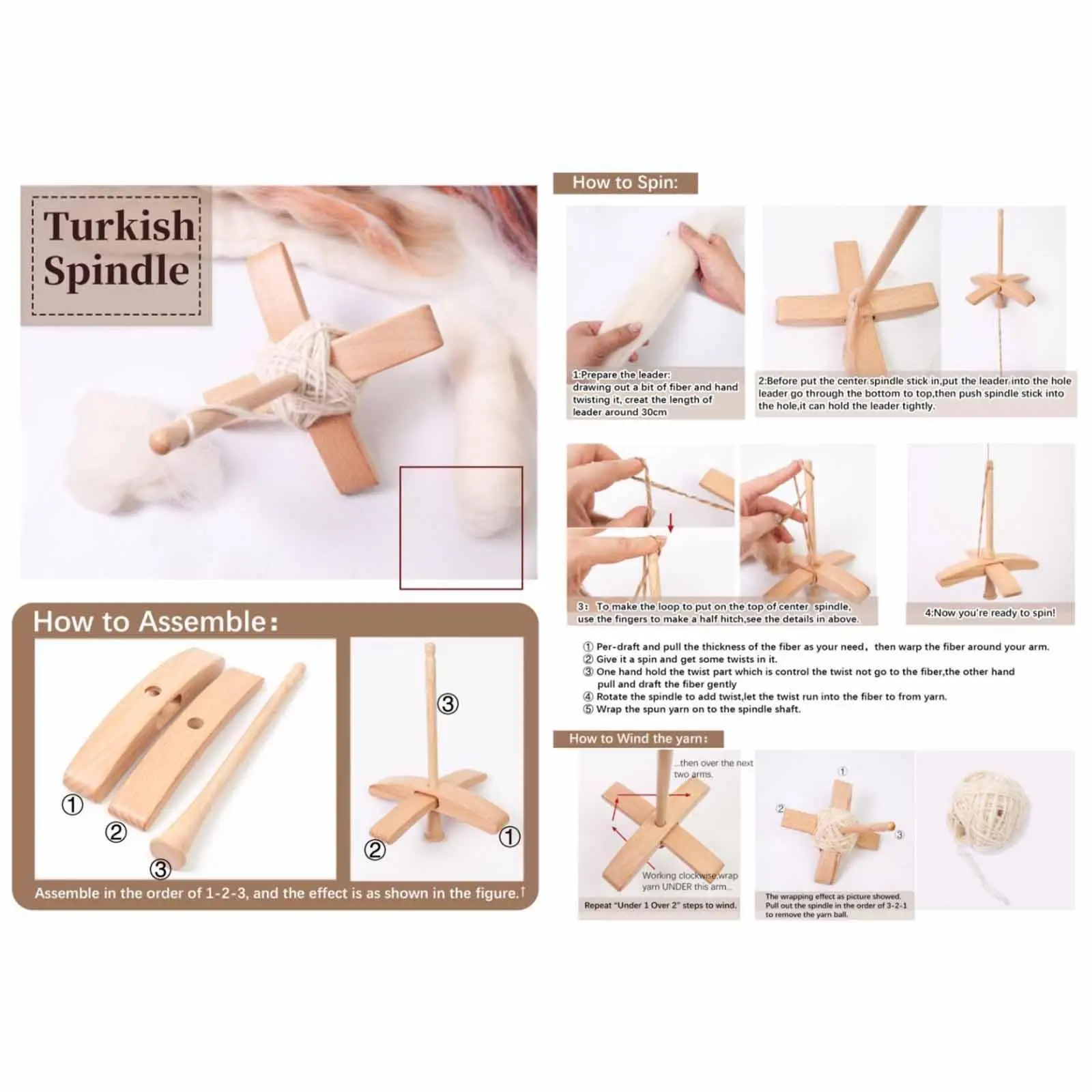 Wooden Turkish Drop Spindle Portable Spinning Wheel Tool for DIY Knitting Crocheting and Weaving