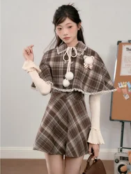 2000s Vintage Suits Women Casual Plaid Clothing Cape + Retro Dress Evening Party Y2k 2 Piece Dress Sets Female French Elegant