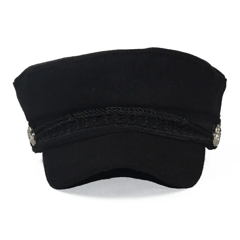 

For Women Men Black Flat Top Captain Cap Travel Cadet Hat Fashion Unisex Wool Military Hat Spring Autumn Sailor Hats