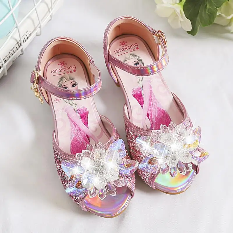 Sandalias Disney para niñas, nuevos zapatos de princesa Elsa, zapatos de verano de Frozen para niños, zapatos informales de cristal con lentejuelas,