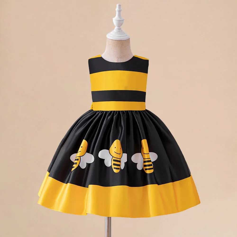 Cute Baby Honeybee Summer Tutu Dress For Girl Toddler Yellow Bee Line Costume Kids Bow Daily Holiday Clothes Infant Party Wear