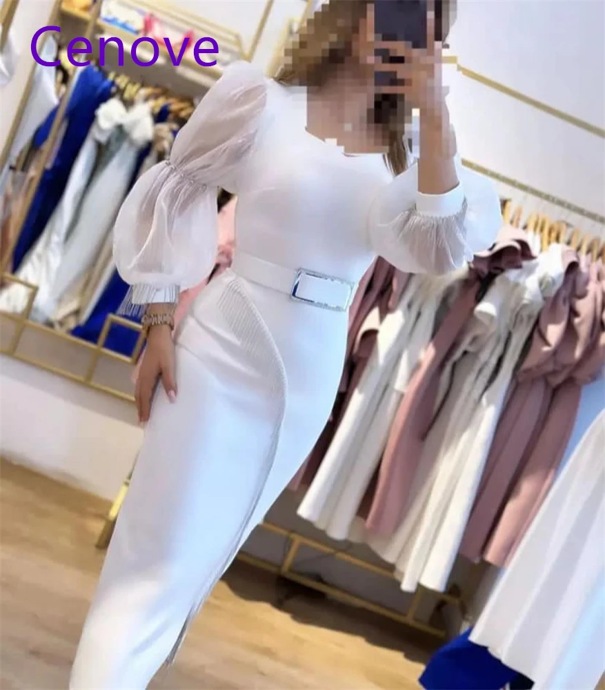 Cenove-vestido de baile apertado branco com faixa para mulheres, mangas compridas, elegante vestido de festa, Dubai árabe, verão, 2023