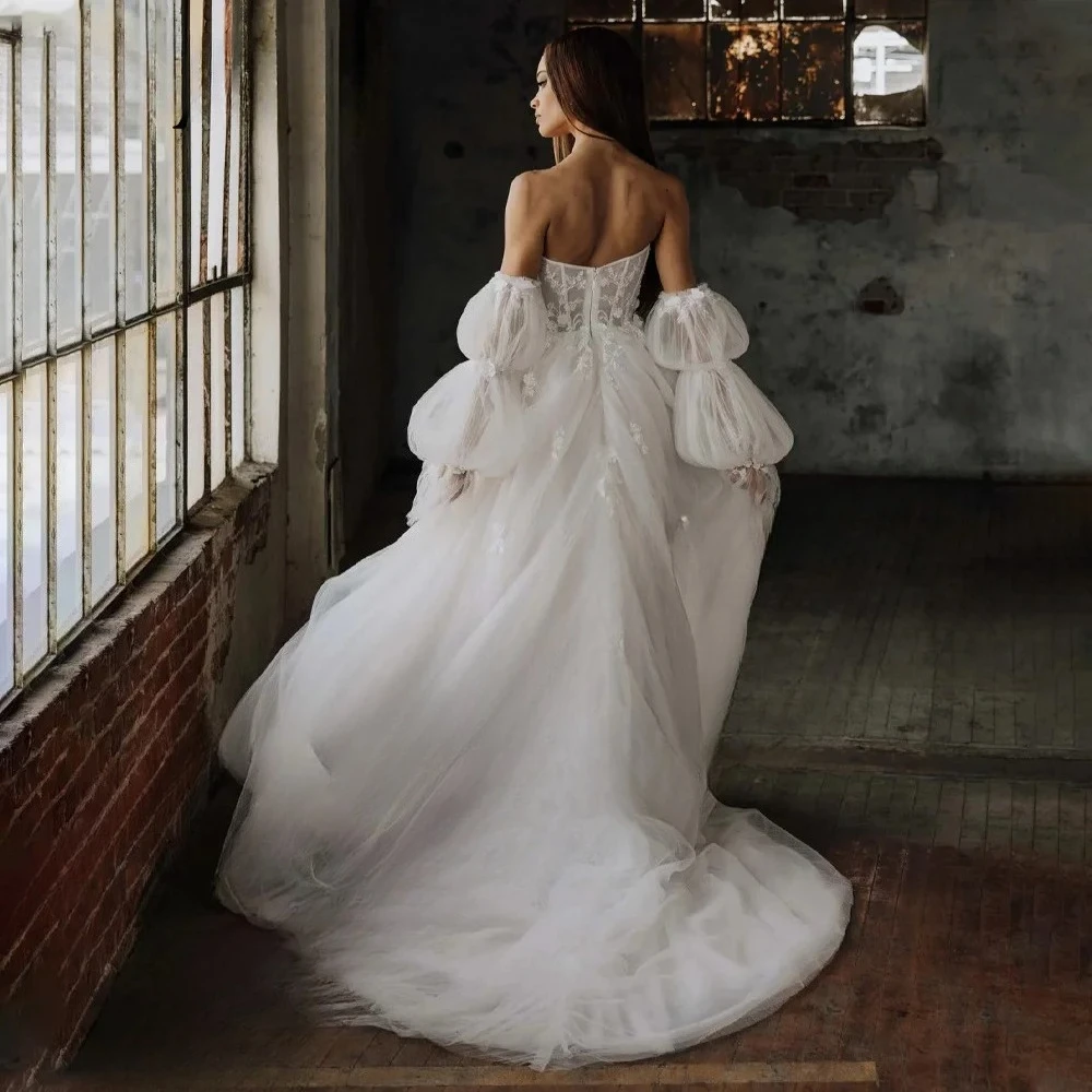 High Quality Wedding Gown for Bride Sweetheart Detachable Puff Sleeve Charming Side Slit Tulle Robe De Mariee Customised