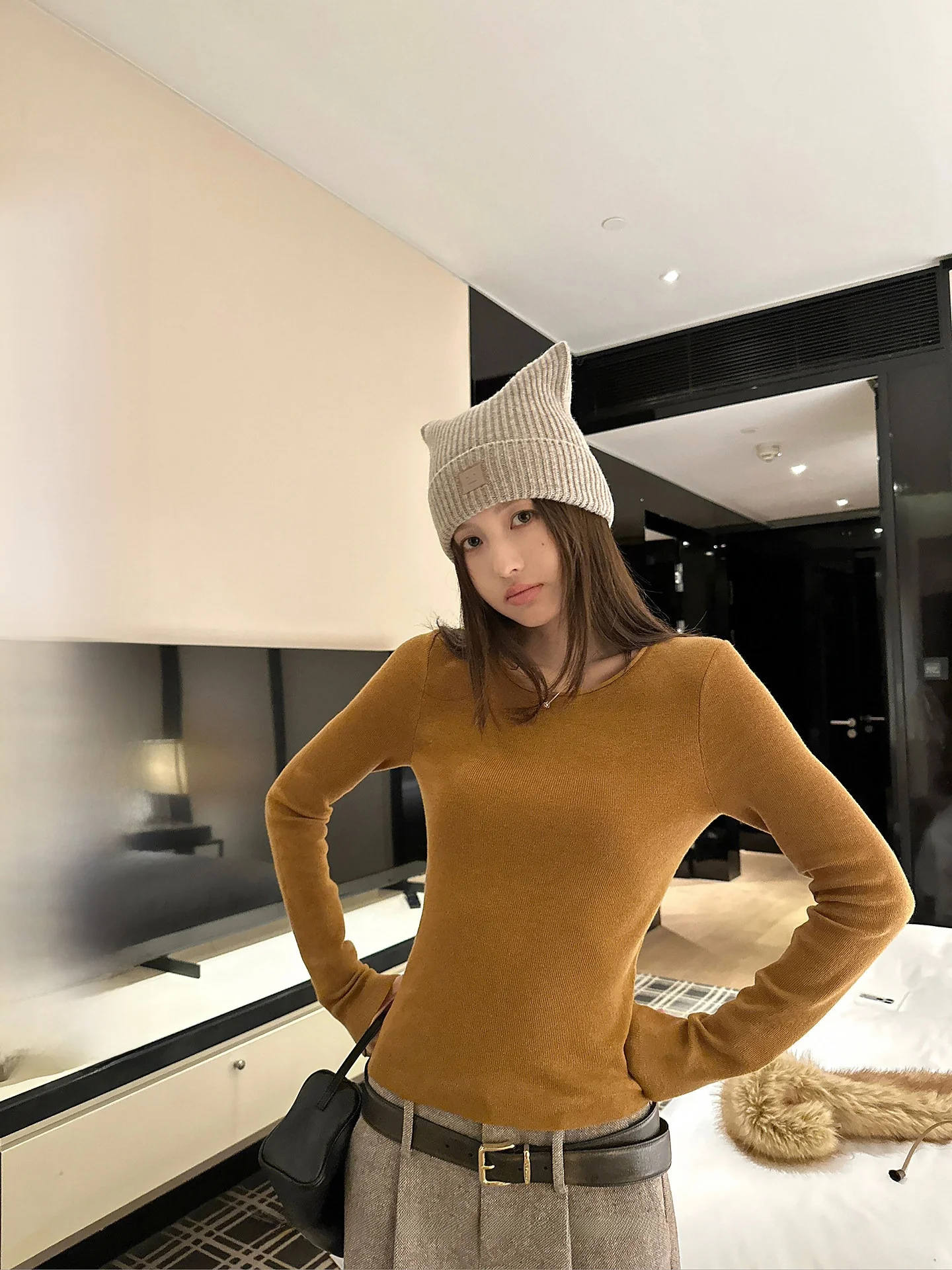 

NingSi женский круглый вязаный шерстяной свитер, повседневный облегающий зимний базовый слой, топ, длинный све, обычный тонкий