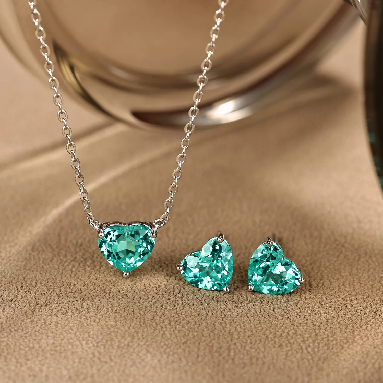 Lab‑Created Paraiba Color High‑Carbon Diamond 2‑Pcs Set,Necklace & Earrings,925 Silver Elegant Daily Jewelry for Women
