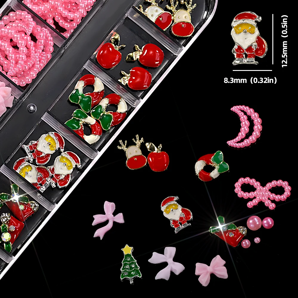 12Grids 3D Weihnachten Themed Nagel Charms Legierung Santa Claus Kranz Elch Kiefer Harz Bogen Nail art Dekorationen DIY Weihnachten maniküre Dekor
