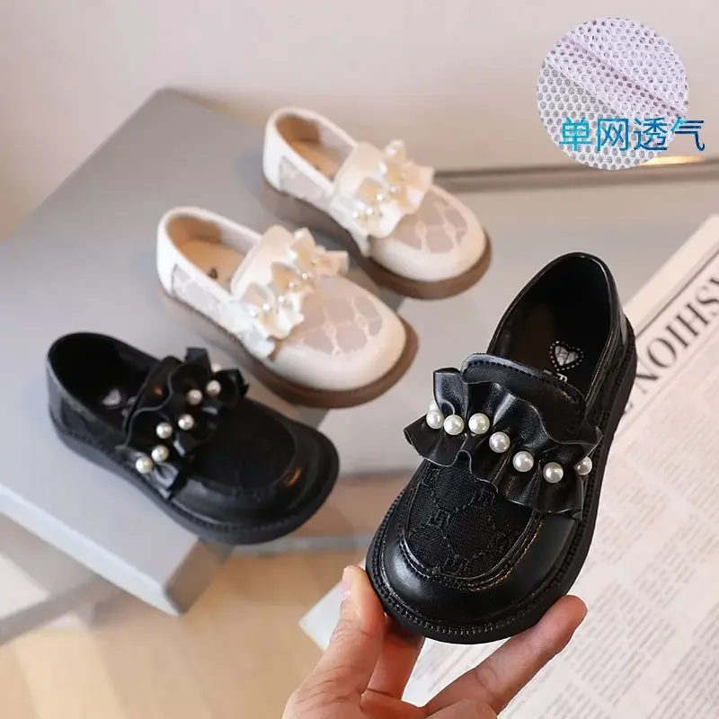 Children Leather Shoes 2023 Summer New Fashionable Single Mesh Breathable Embroidered Pearl Girls Princess Sweet Shoes