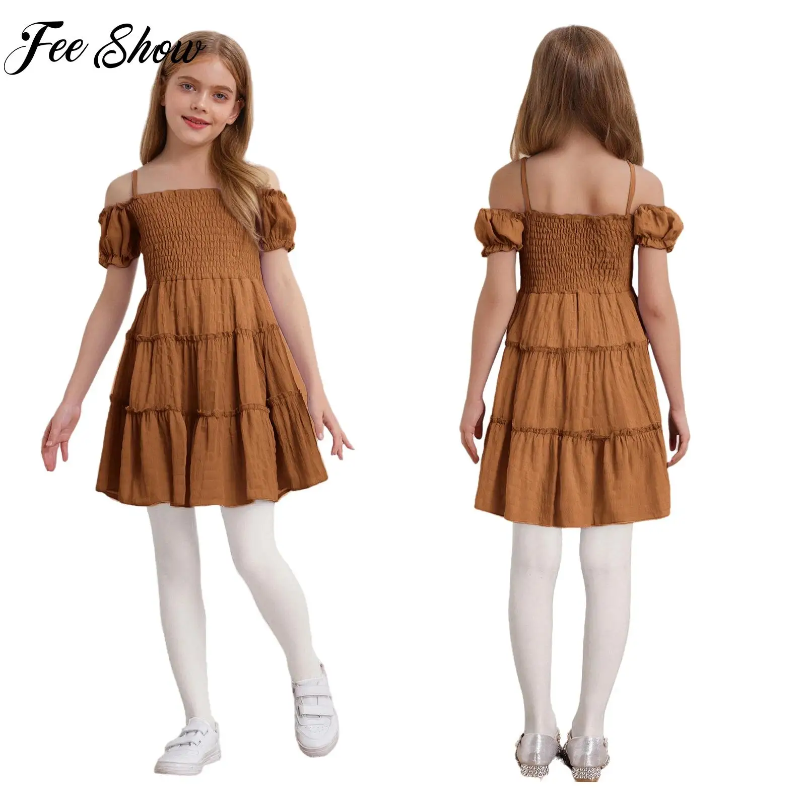 

Girls Party Dresses Off Shoulder Short Puff Sleeve A-Line Tiered Ruffled Smocked Dress for Beach Vacation Travel Wedding Party