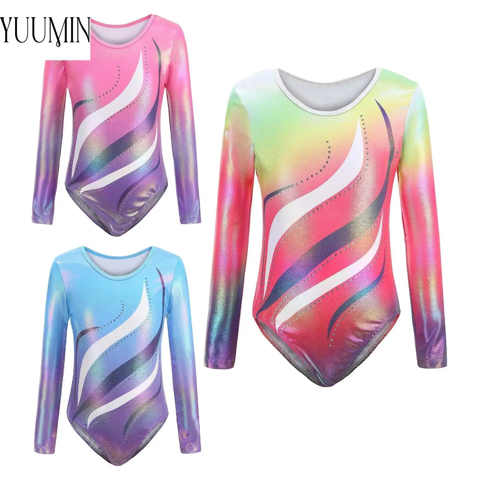 

5-14Y Kids Girls Rhythmic Gymnastics Costume Long Sleeve High Quality Rhinestones Gradient Color Leotard Ballet Performance Wear