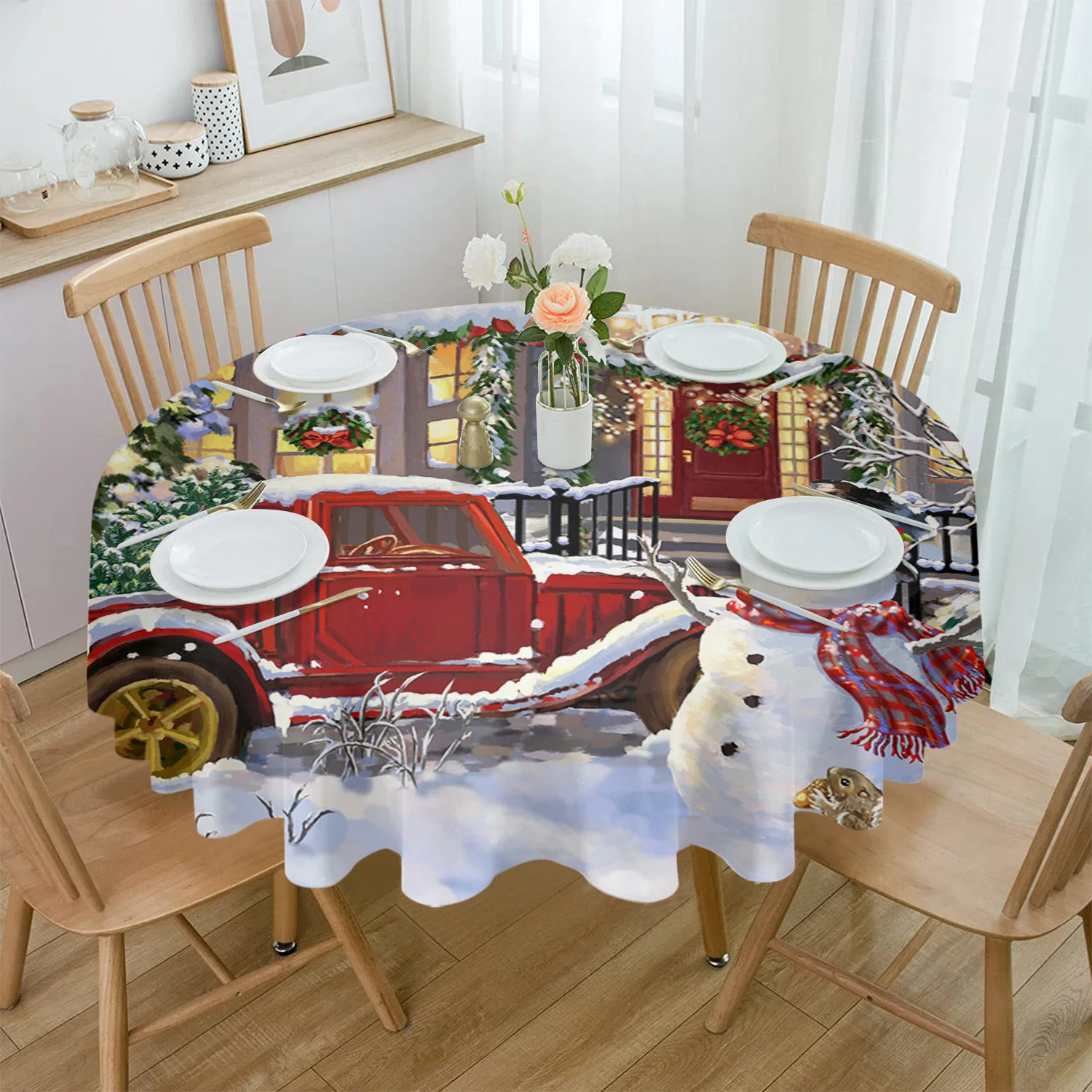 Christmas Snowman Houses Christmas Tree Truck Round Tablecloth Waterproof Wedding Decor Table Cover Christmas Decor Tablecloth