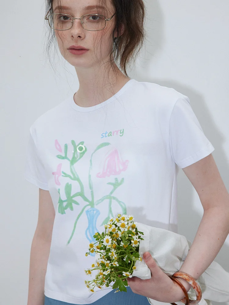 

Женская свободная футболка Lofi с цветочным принтом, летняя новинка, универсальный повседневный топ с круглым вырезом и коротким рукавом