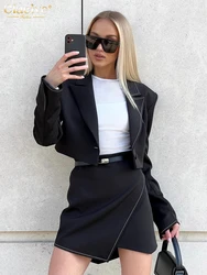 Clacive Fashion Loose Black Office Skirt Sets For Women 2 Pieces Elegant Long Sleeve Crop Shirt With High Waist Mini Skirt Set