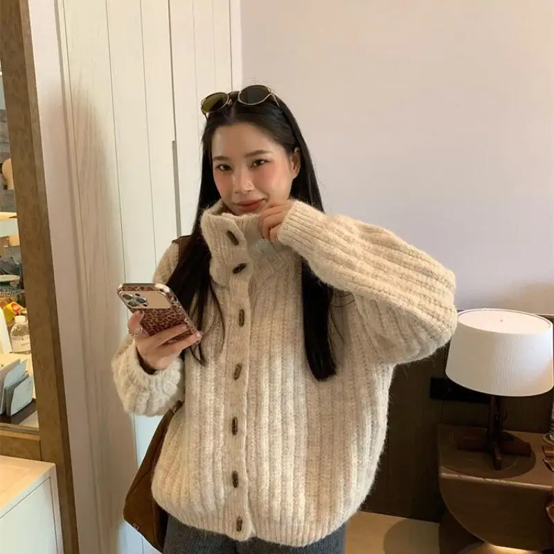

2025 Autumn Winter Female New Korean Fashion High Neck Horn Button Knit Sweater Soft Warm Thick Knitted Cardigan Coat for Women