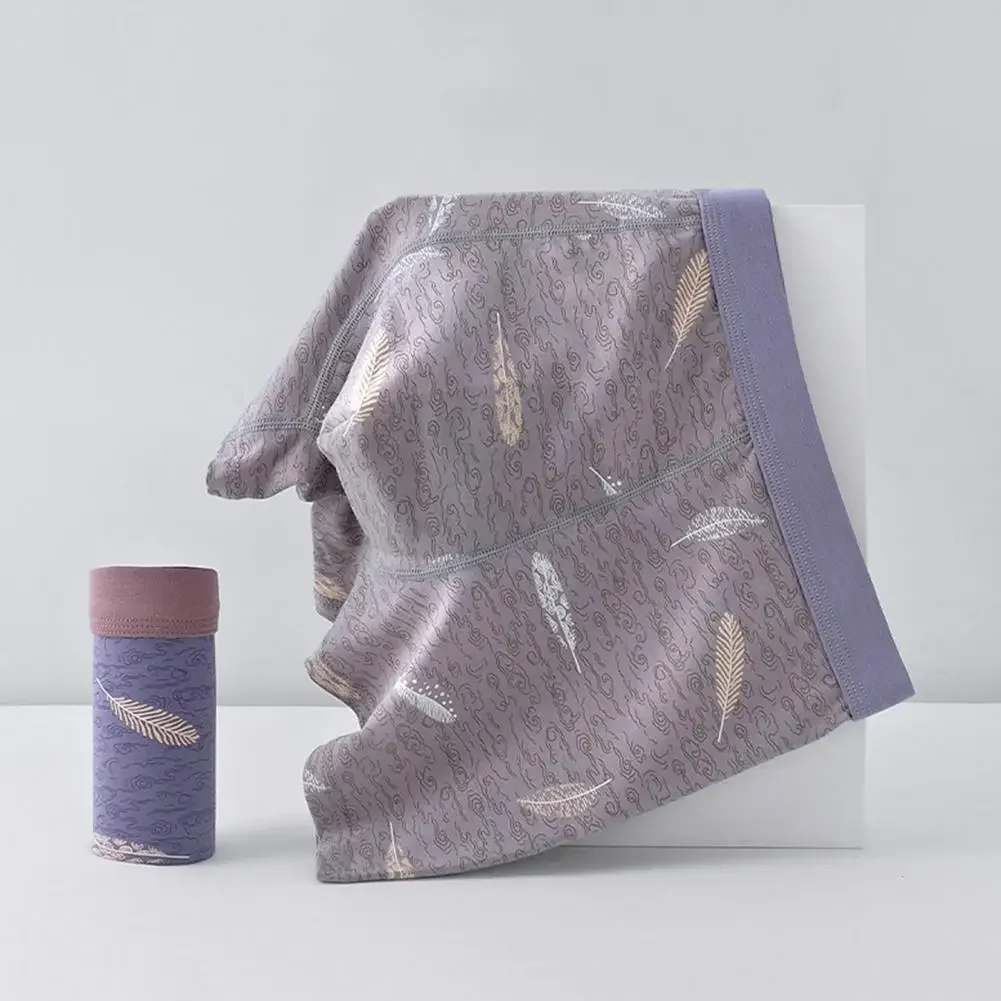 

For Men Boxer Underwear Slim Fit High Elasticity Shorts Briefs Feather Print Breathable Smooth U-Convex Mid-Waist Panties