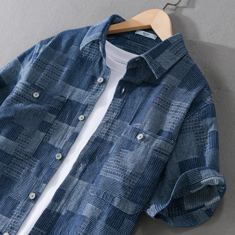 Summer Fashion Blue Check Denim Shirts for Men Short Sleeve Loose Handsome Cool Plaid Workwear 24ss Y2k Youth Male Tops Cityboys