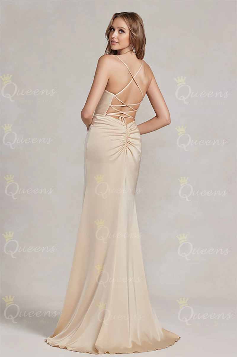 QueensLove gaun pengiring pengantin Backless, gaun pernikahan Split tinggi, gaun Prom Malam seksi, gaun Satin panjang kustom