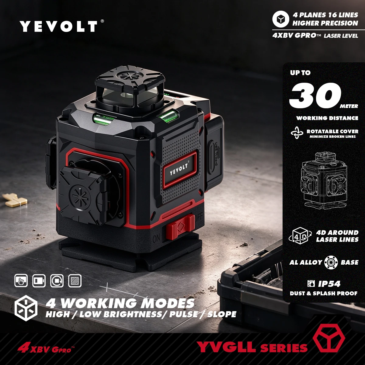 YEVOLT 30M Max Detect Range 16 Line Green Laser Level Class 2 Laser Auto Self Level Lockable Laser Planes Indoor Outdoor Layout