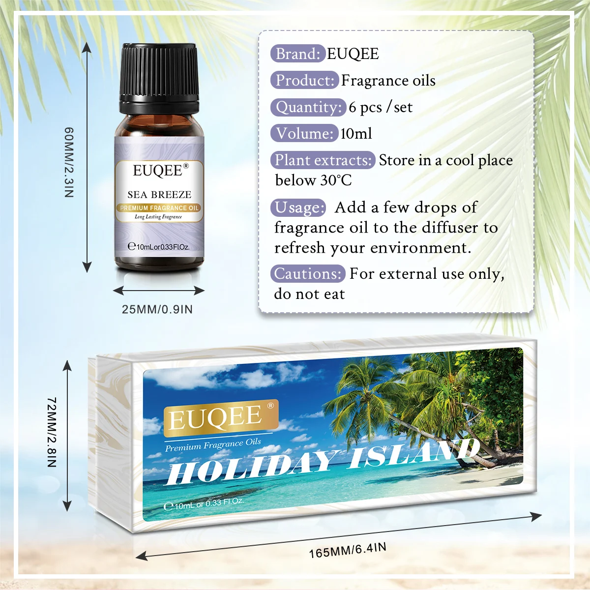 EUQEE 6x10ml Holiday Island Fragrance Oils Gift Set For Humidifier - Sea Breeze,Bubble Gum,Bay Rum,Marshmallow,Pineapple,Coconut