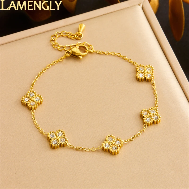 LAMENGLY High Quality 316l Stainless Steel Arrange Cylinders Crystal Flower Bracelet Woman Exquisite Charm Hand Chain Party Gift