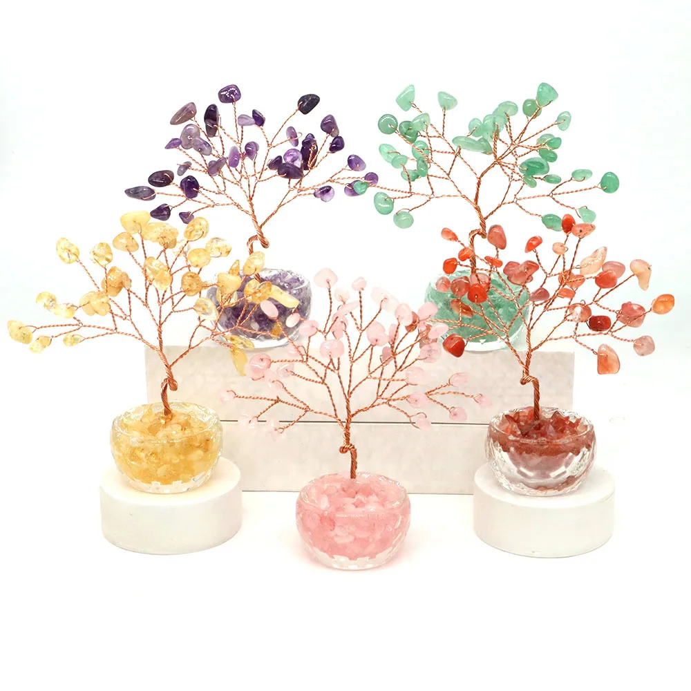 Crystal Money Tree Natural Stone Amethyst Rose Quartz Copper Wire Wrapped Gemstone Chakra Feng Shui Lucky Trees Home Decor Gifts
