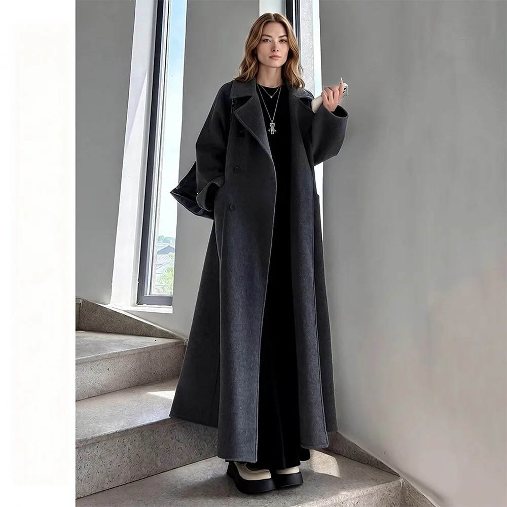 New  Women Simplicity Daily Double-Faced Wool Coat Autumn Winter Fashion Turn-down Collar Double Breasted Loose Woolen Overcoat