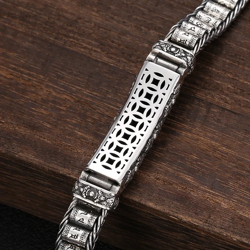 QN Silver Bracelet Men\'s Personality Style Retro Creative Hand-woven Six-character Mantra Barrel Bead Chain For Boyfriend Gift