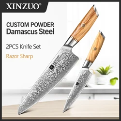 XINZUO 2PCS Knife Set Power Damascus Power Steel Professional Chef Utility Kitchen Knives Meat Tools Olive Handle