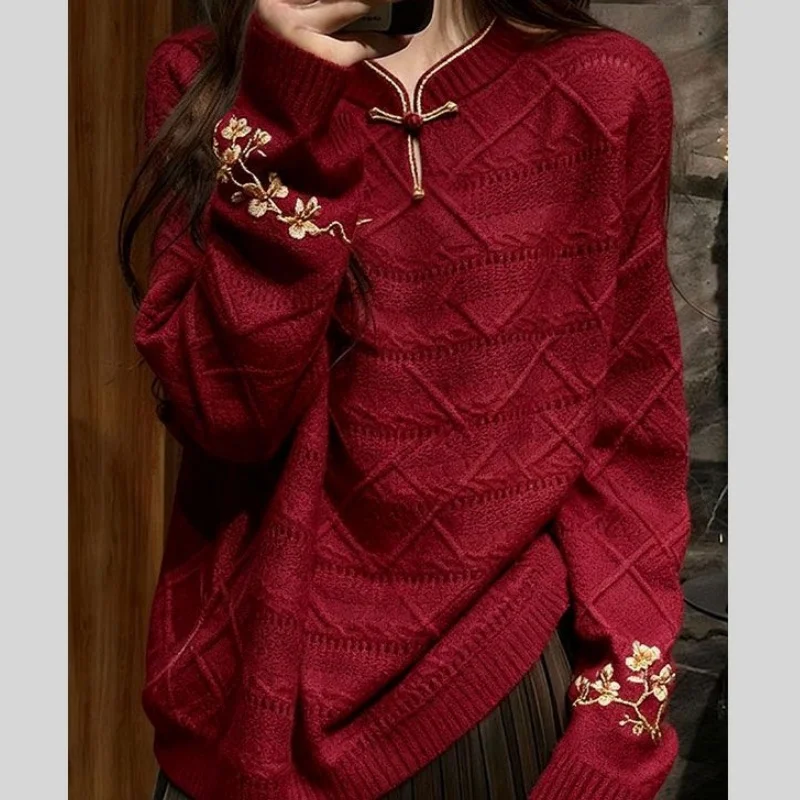 

2025 New Autumn Winter Embroidery Cashmere Sweater Women Chinese Style Long Sleeve Knit Pullover High Quality Female Tops