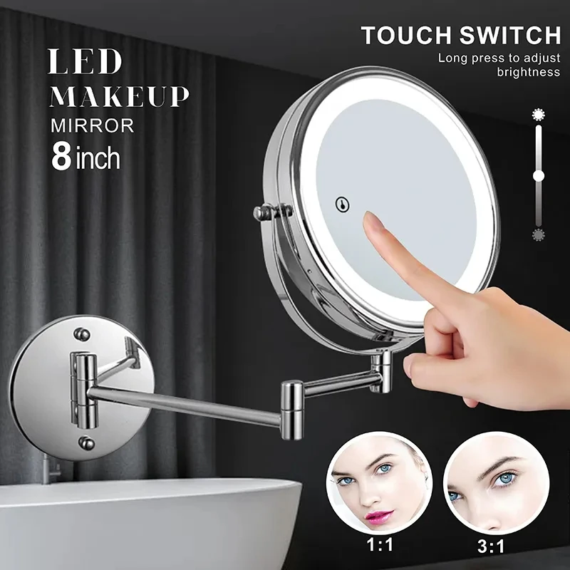 

8 inch Wall Mounted Makeup Mirror 5/10X Magnifying Double Side Folding Arm Extend USB Charging Bathroom Smart Cosmetic Mirrors