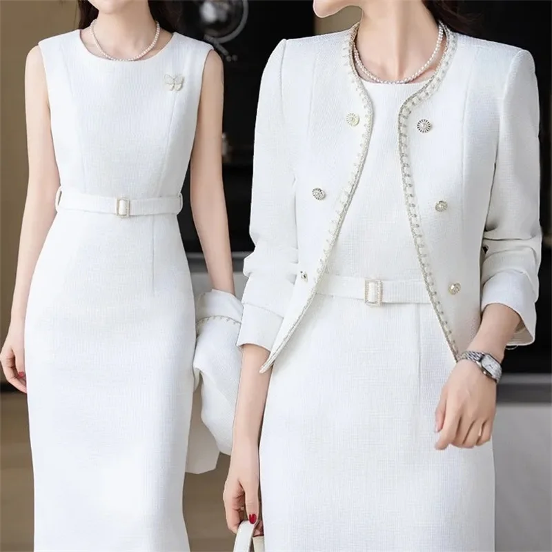 Primavera outono moda feminina roupa moda jaqueta curta + vestido de alça conjunto de duas peças elegante sem mangas suspensórios vestidos ternos