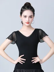 Solid Color Latin Dance Practice Modern Tops Women Waltz Costume Classical Mesh Patchwork Competition Adult Jazz T-shirt