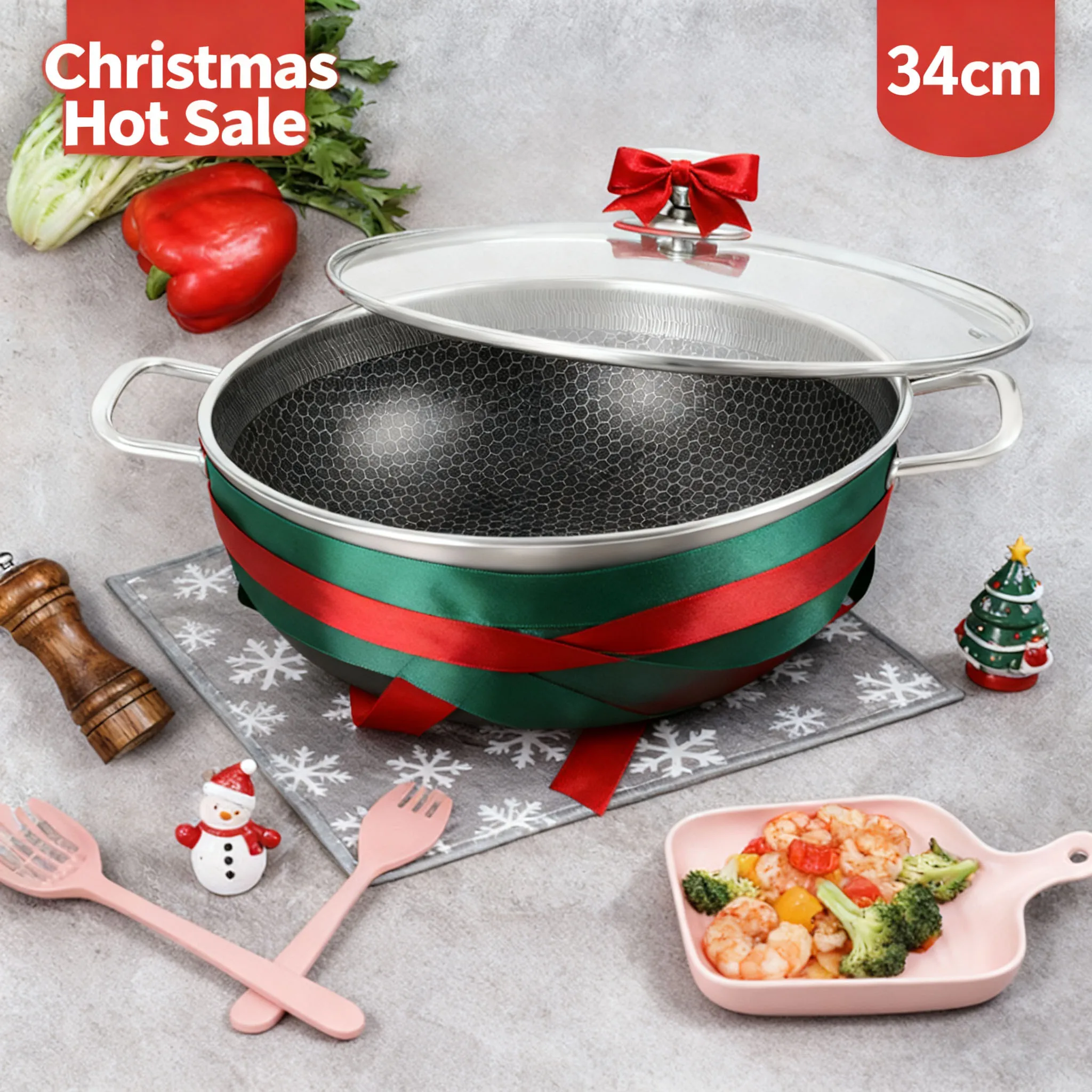 

Сковорода из нержавеющей стали 34 см, сковорода с крышкой, сковорода для жарки, на 3-4 человека, совместима с большинством плит для рождественской вечеринки, Новый год