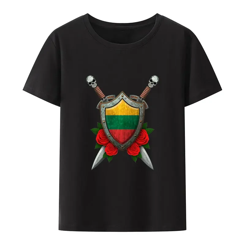 Lithuanian Flag on A Worn Shield and Crossed Swords Modal T Shirt Men Women Comfortable Breathable Street Fashion Camisetas