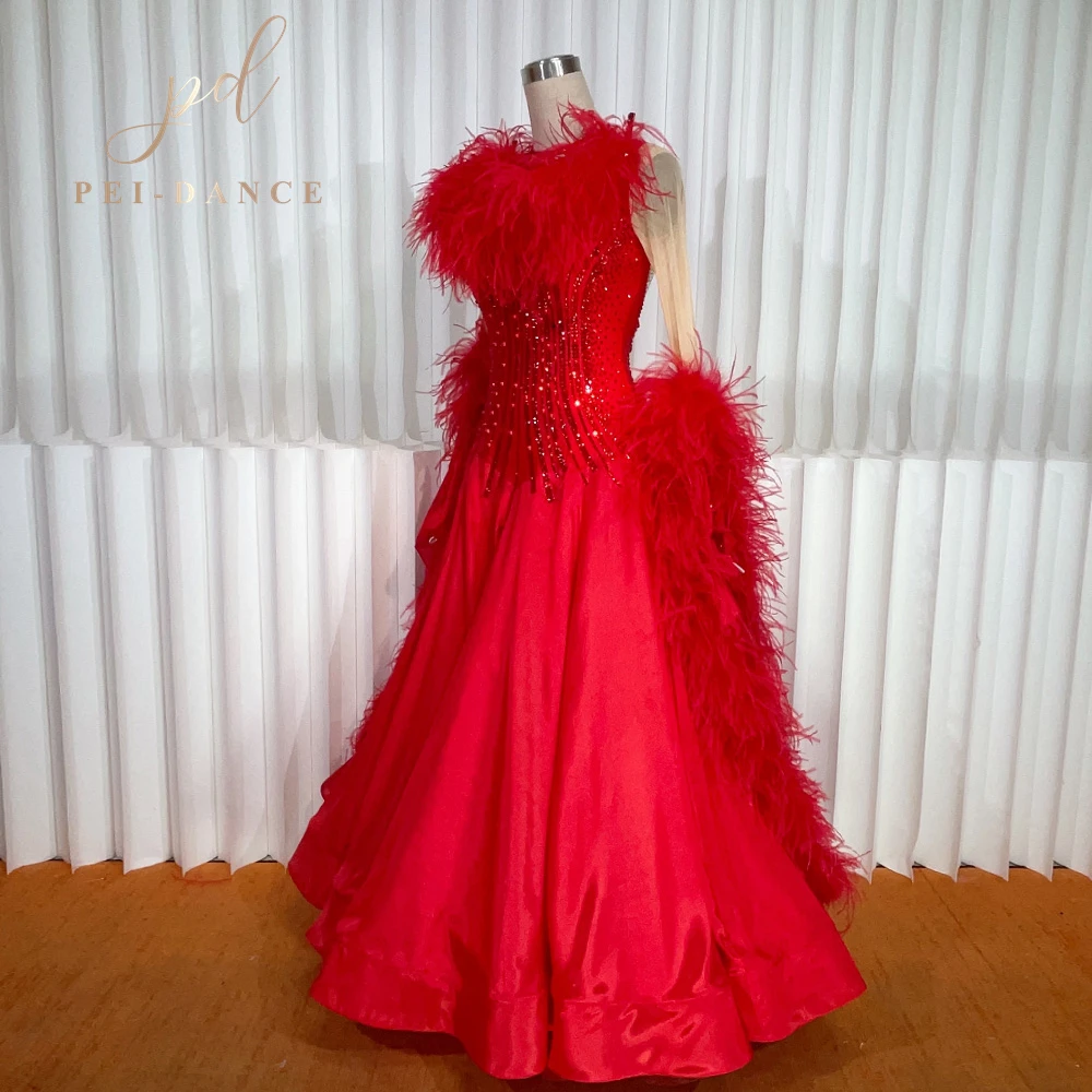 PEIDANCE New Style Red International Standard Ballroom Waltz Tango Fox Trot Dance Competetion Dress with Feather 1234