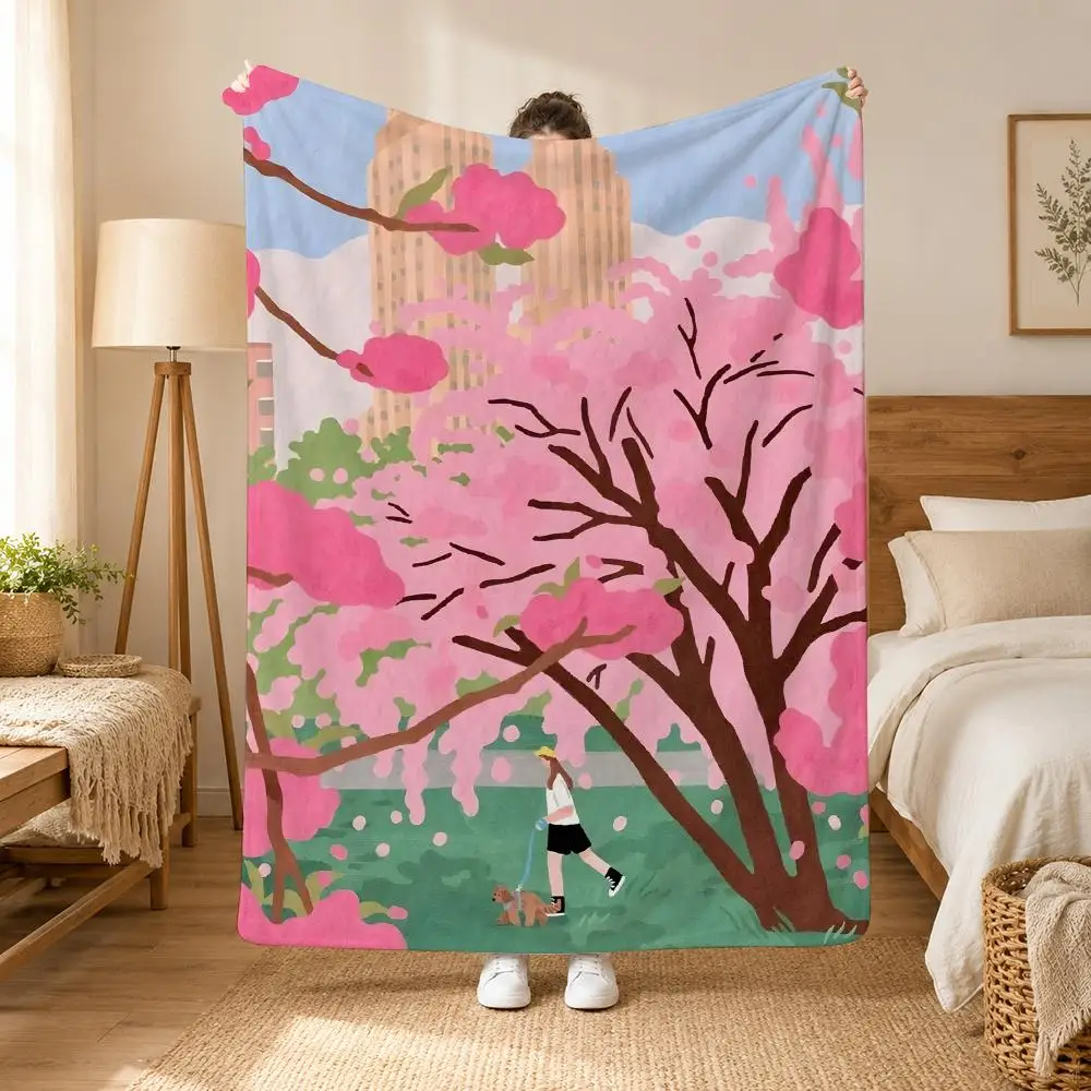 Happy Pink Bubble Illustration Throw Blanket Soft Flannel Throw Lightweight Summer Home Nap for Office Travel Sofa Bed