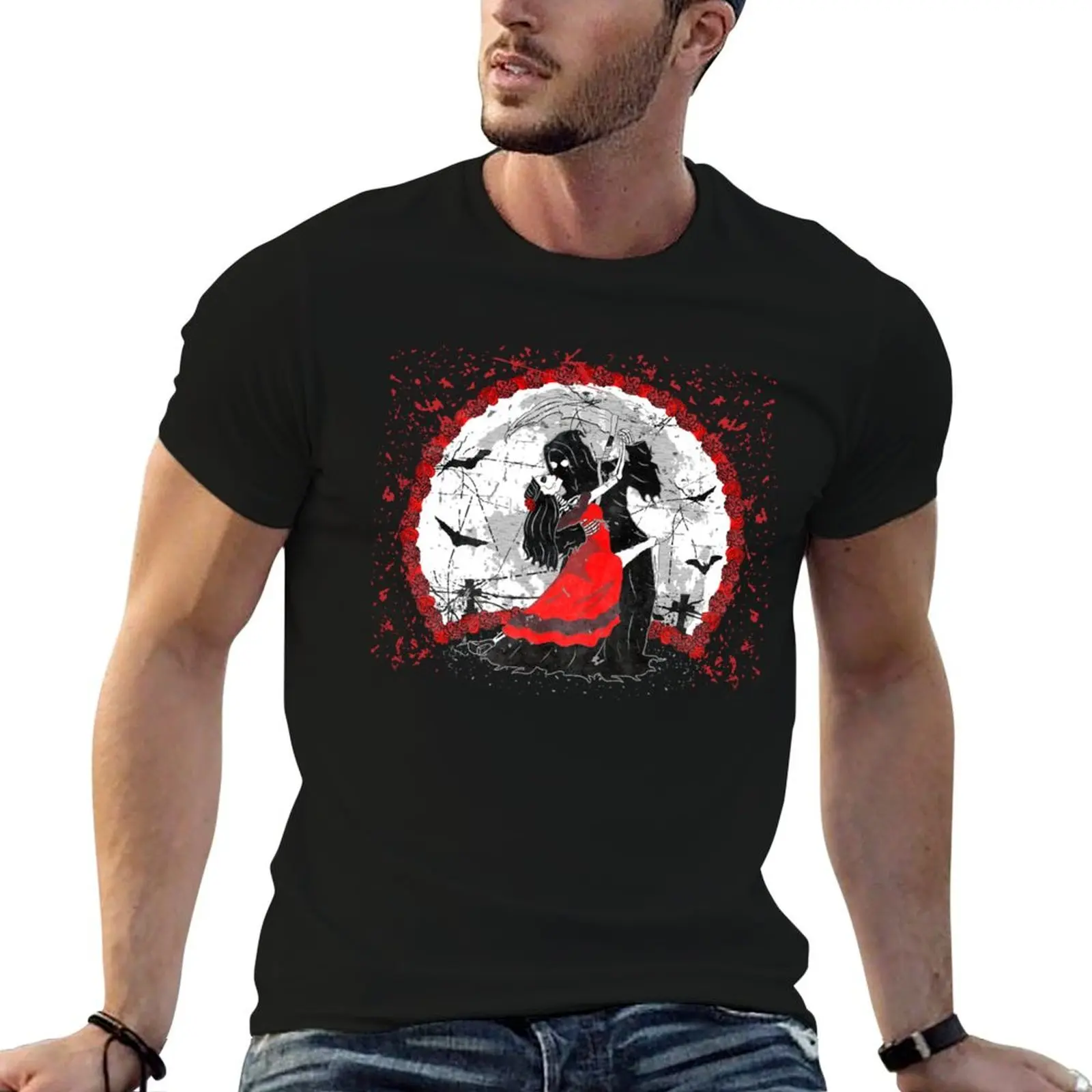 Tango with Death Forbidden Love Skeleton Grim Reaper Full Moon Graveyard T-Shirt Casual Trendy Short Sleeve T-Shirt