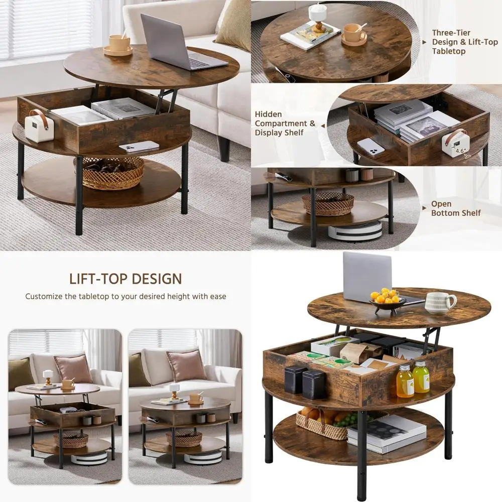 

Round Lift Top Coffee Table with Hidden Storage Shelf, 31 Farmhouse Style Center Table, 2-Tier Design