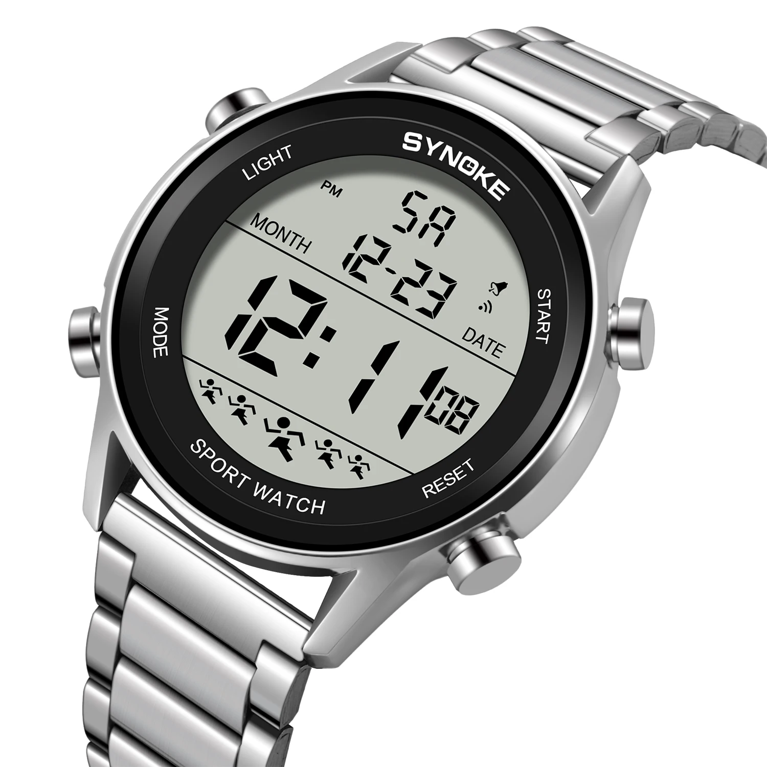 SYNOKE-Montre de sport étanche pour homme, bracelet en acier inoxydable, rétro-éclairage, montre-bracelet numérique, alarme masculine, haut de gamme