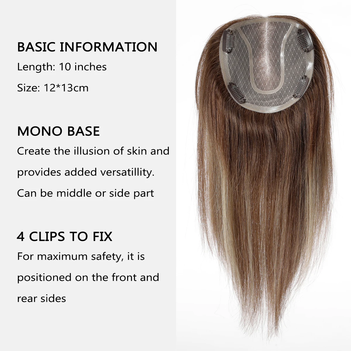 14 Inch MONO Top Human hair Topper for Women Brown Blonde Highlights Straight Hair Pieces Hand Tied Free Parting Hair Topper