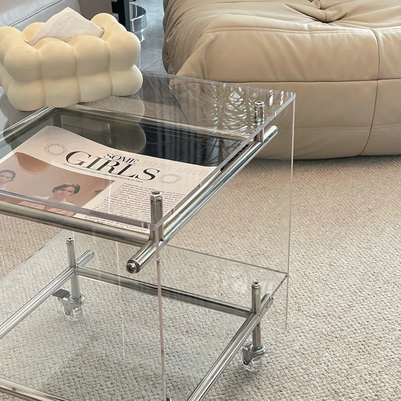 Bauhaus acrylic stainless steel trolley with movable side, simple bedside table, living room shelf storage cabinet