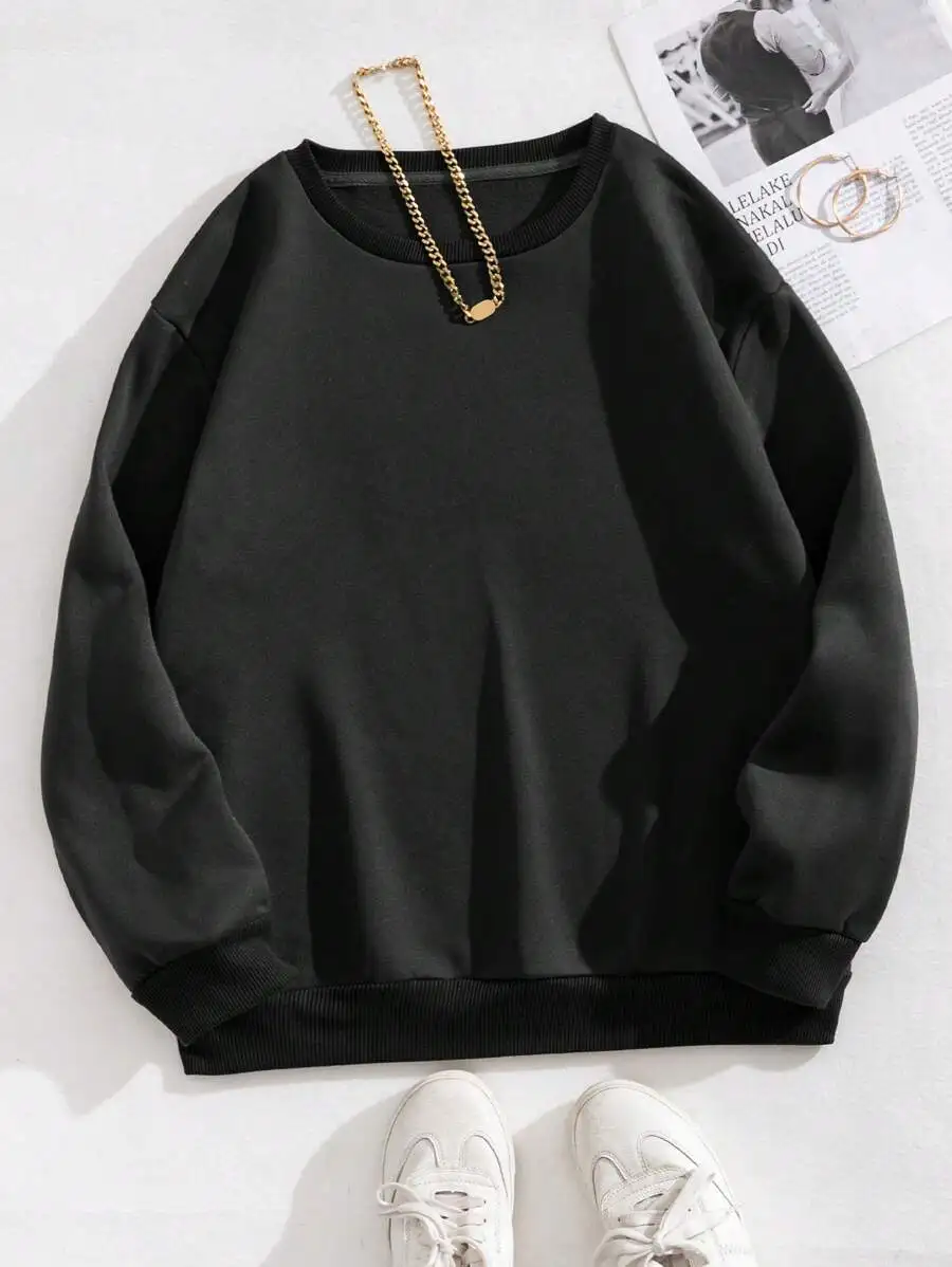 

Women's Black Drop Shoulder Long Sleeve Sweatshirt, Loose Fit Round Neck Casual Pullover