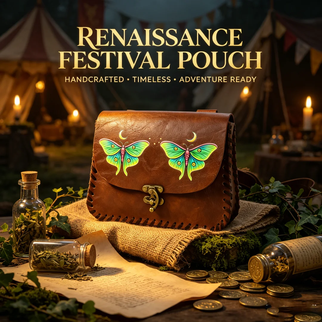 Vintage Moon Butterfly Print Distressed Faux Leather Belt Pouch, Medieval Renaissance Festival Waist Bag, Forest Fairy LARP Cosp