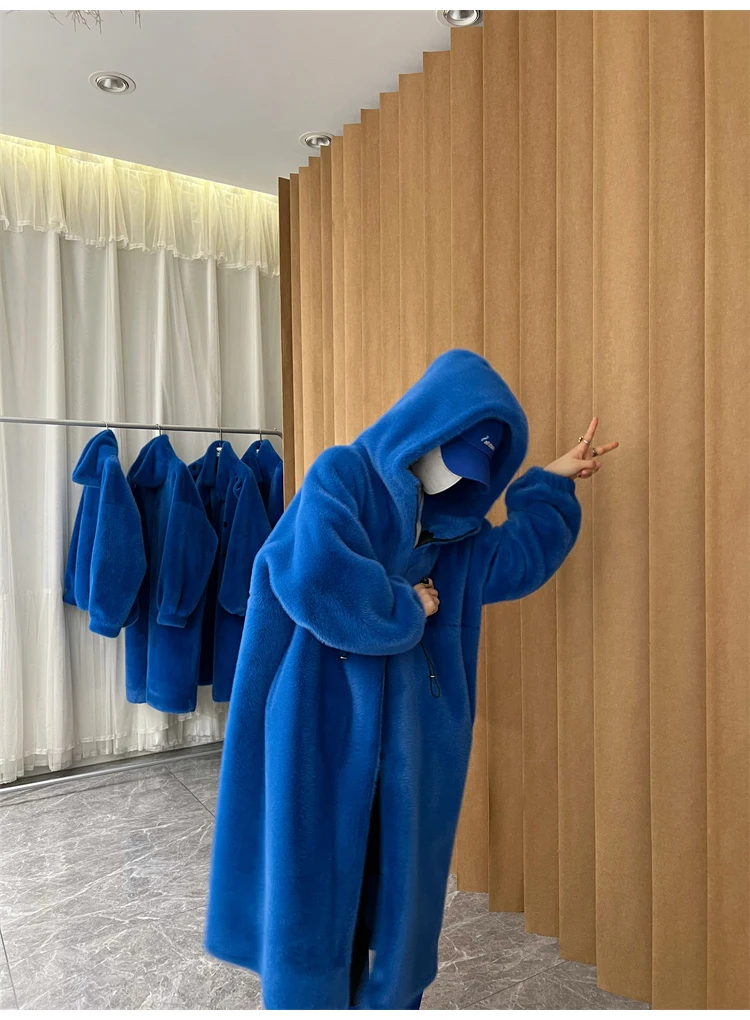 Lautaro Winter Long Oversized Warm Thick Blue White Fluffy Faux Fur Coat Women with Hood 2022 Loose Casual Korean Style Fashion