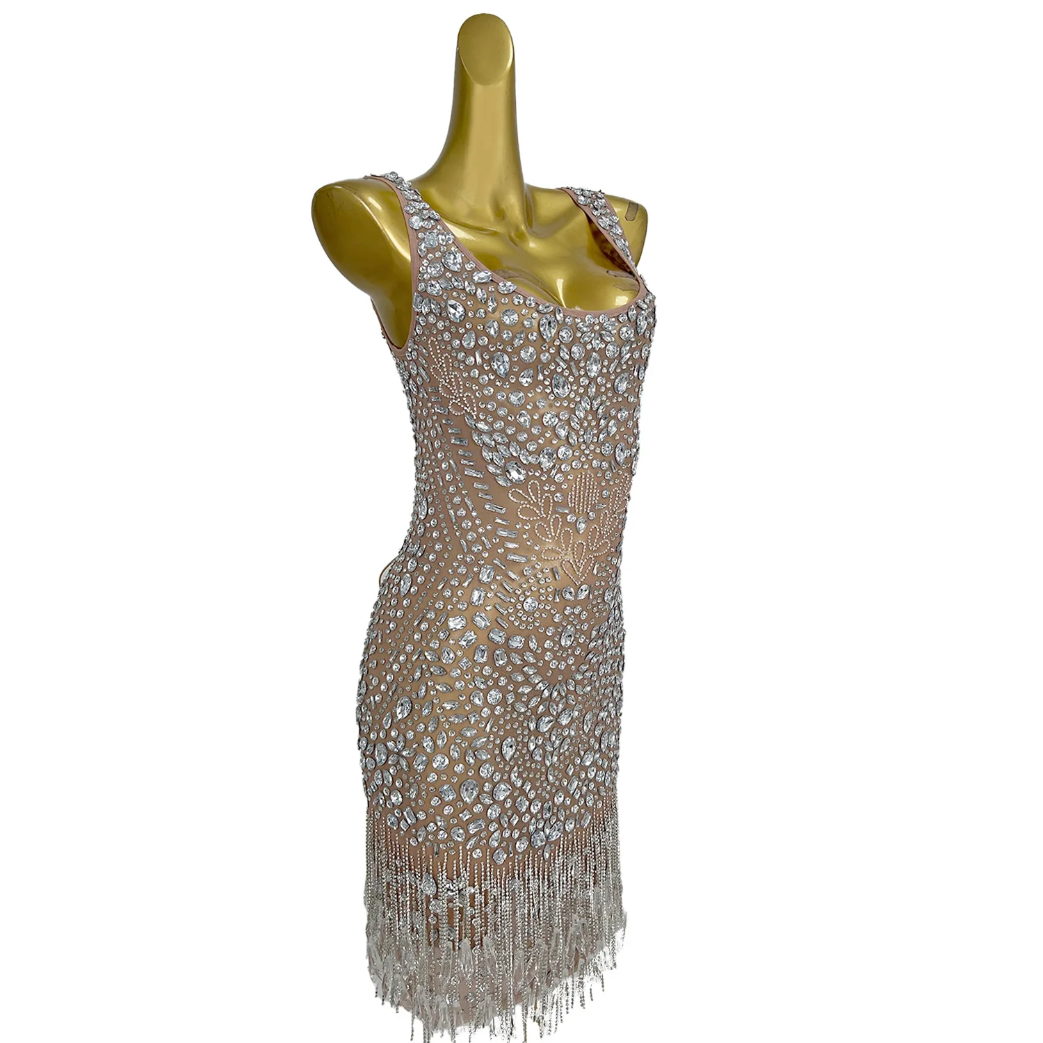 فستان Aixin نسائي شبكي برقبة مربعة وأحجار الراين فضي شفاف من خلال تنورة شرابة لأداء الرقص في مأدبة الزفاف #2