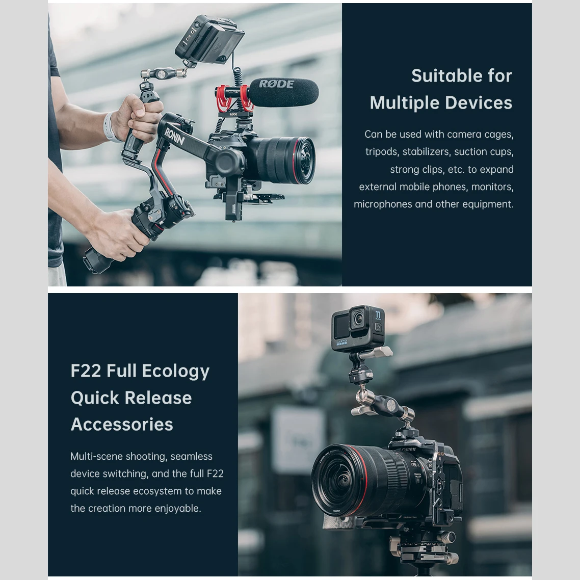 Falcam F22 Kit de braço mágico de extensão de liberação rápida de 3 polegadas com cabeças esféricas duplas para vários dispositivos Monitor de tripé estabilizador