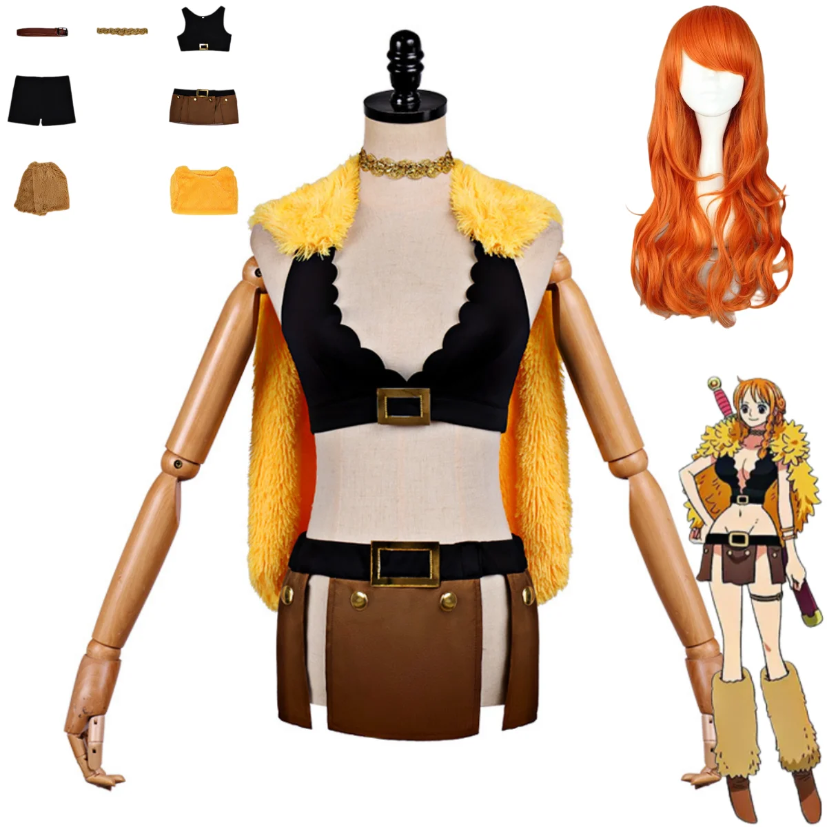 

Anime Elbaph Nami Cosplay Costume Black Tight-fitting Tops Plush Shawl Coat Outfits Woman Sexy Carnival Halloween Suit