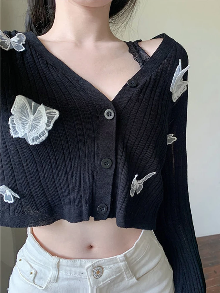 Pink Butterfly Cardigan Women Summer Long Sleeve Knitted Sweater Female Korean Fashion Sweet Cute Slim Button Sunscreen Crop Top