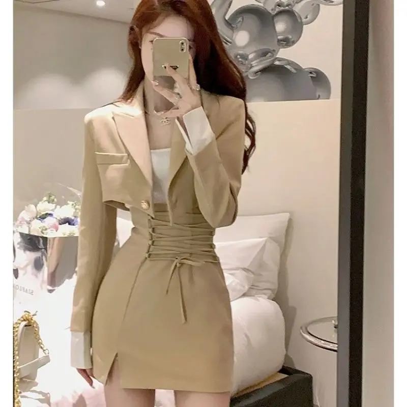 Women\'s Autumn Short Suit Coat Mini Skirt Two-piece Korean Elegant Chic Fashion Blazer Jacket A-line Skirts Set Female Clothing