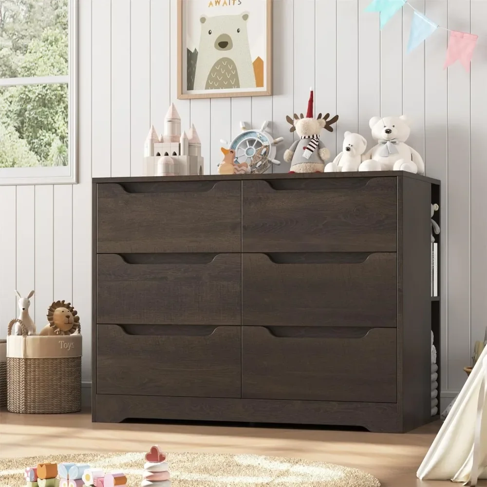 

6 Drawer Dresser for Bedroom, Dresser with 4 Cubbies, Wood Chest of Drawers with Cut-Out Handles, Modern Storage Chest