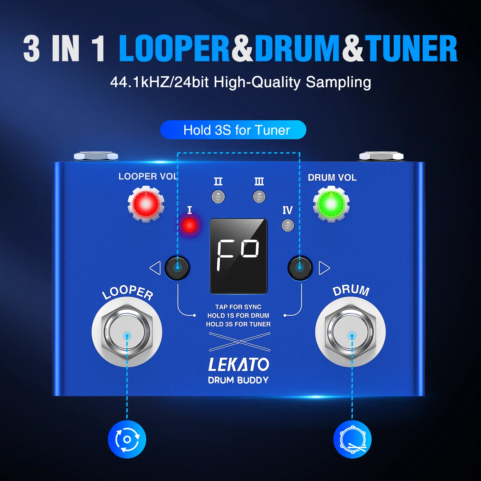 LEKATO Drum Looper Pedal with Tuner 30 Drums 4 Loops of Total 11 Minutes Recording Time Drum Machine with Loop